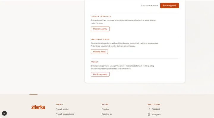 The Danger zone block at the bottom of /my-profile, including the Delete my account button.