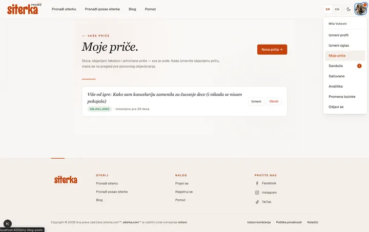 The /my-blog-posts page showing one approved post and one pending post side by side.
