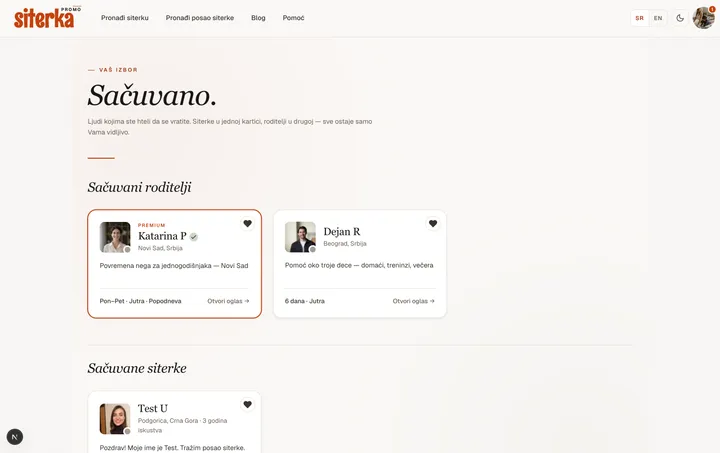 Strana /my-bookmarks sa obe sekcije: Sačuvane siterke i Sačuvani roditelji.