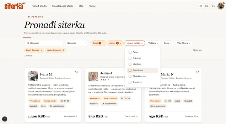 Otvoren panel filtera preko liste, skrolovan tako da se vide sve sekcije.