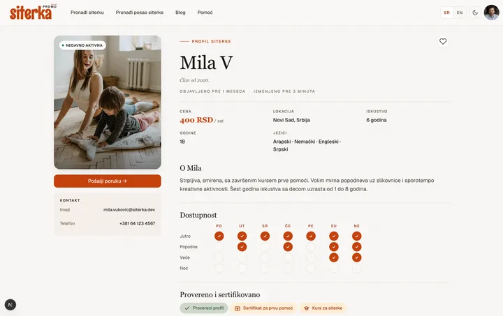 Oglas siterke sa fotografijom, biografijom, čipovima i trakom Sačuvaj / Pošalji poruku.
