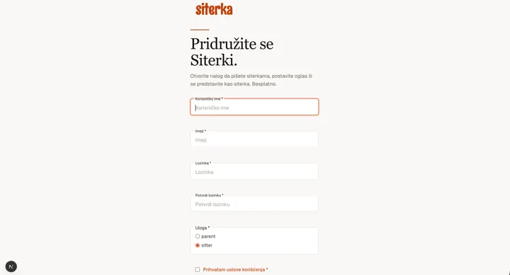 Pretraživač na /register, sa cela forma vidljiva i razgranatim radio dugmetom za ulogu.