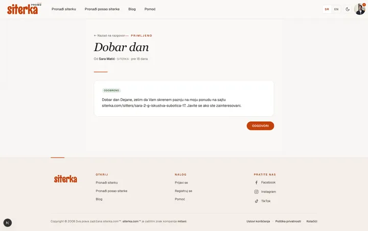 Strana detalja poruke sa istaknutim dugmetom Odgovori na dnu tela poruke.