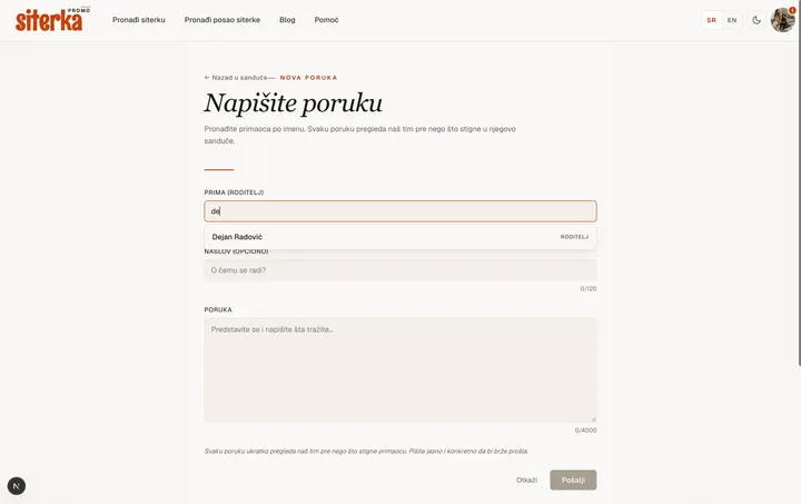 Strana /inbox/new sa pretragom primaoca koja prikazuje 2-3 predloga.