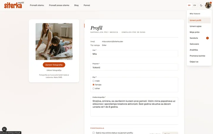 The /my-profile page with the photo slot on the left and the profile editor cards on the right.