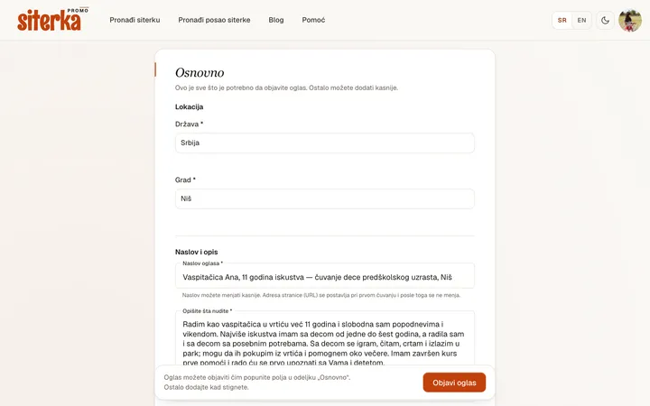 The Basics section: country, city and district, then title and description, then the contact fields.