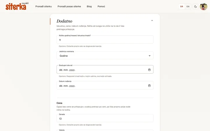 The More detail section expanded: years of experience, available-from date, date of birth and rate.
